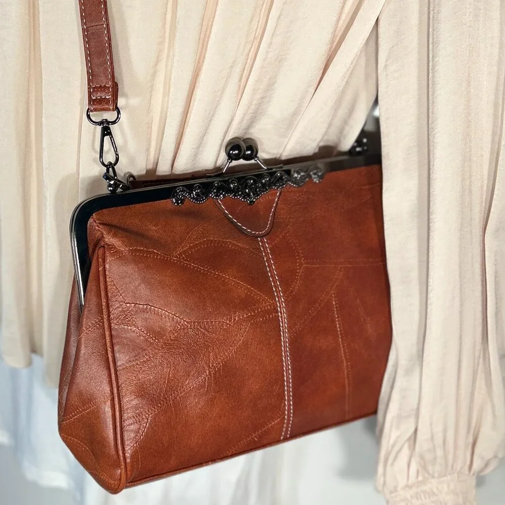 Brown Vintage Inspired NWOT Patchwork Leather Purse Crossbody Bag Cottage Retro